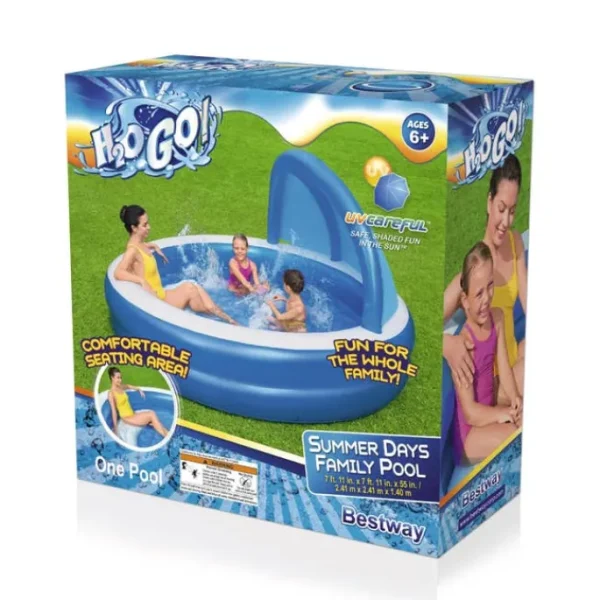 Bestway Kiddie Pools-H2OGO! 7'11" x 55" Summer Days Inflatable Round Kiddie Pool with UV Careful Sunshade